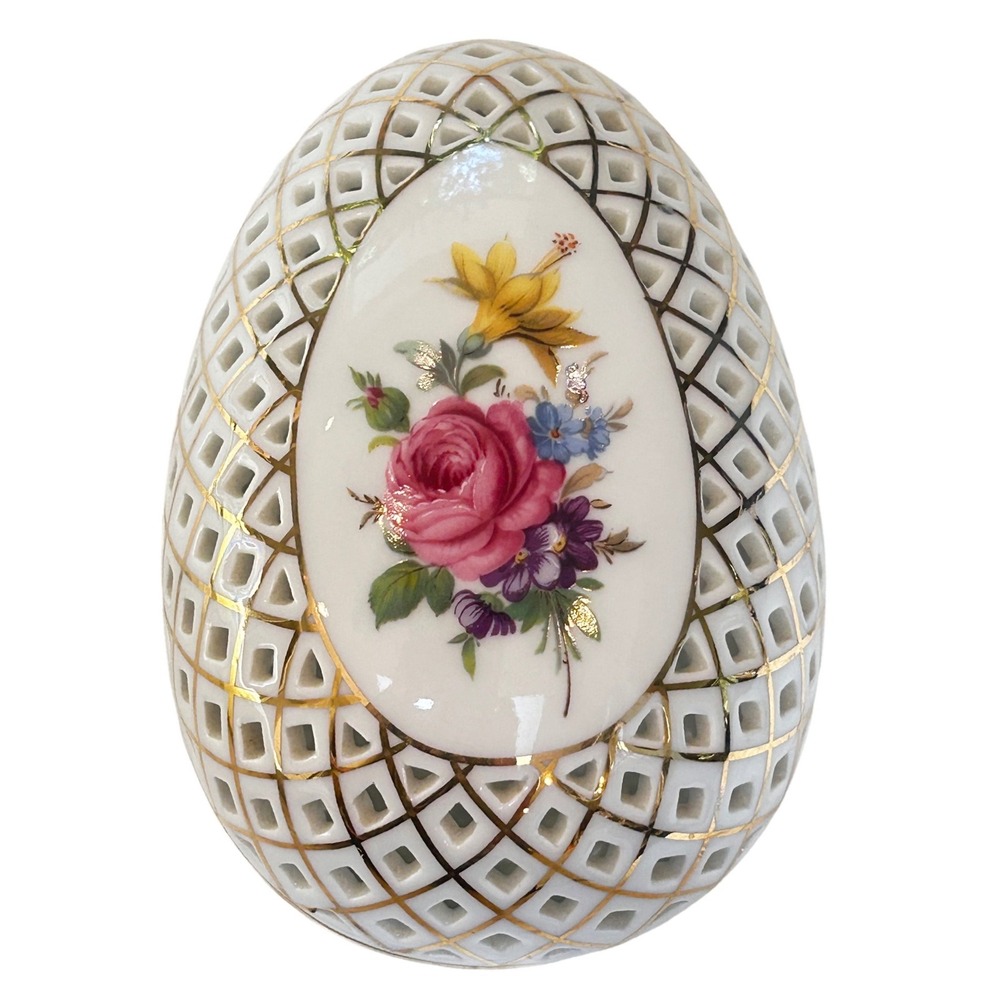 Vintage Porcelain Lattice Egg Trinket Box Floral Gold Gilt Reticulated Decor